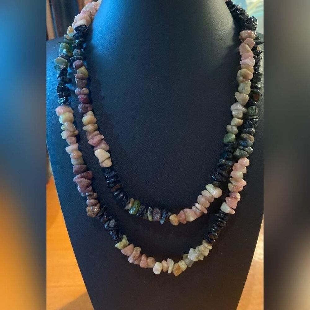 Multicolor Gemstone Chip Beaded Necklace Strand Statement Boho Jewelry Long